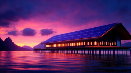 Obraz premium Modern sustainable architecture by the water featuring a solar panel rooftop at sunset with a vibrant sky and mountainous backdrop