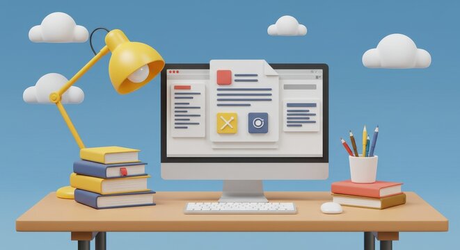 3D illustration of a desktop computer displaying a document being edited with text and icons