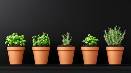 Five vibrant herb plants in terracotta pots arranged on a shelf against a black background