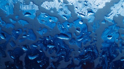 Water drops create a mesmerizing pattern on a blue glass background, displaying the beauty of water drops in various sizes and shapes, enhancing the visual appeal of the blue glass surface.