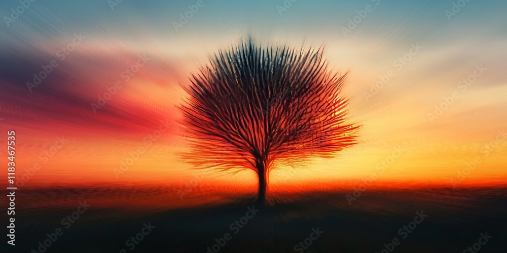 Poster blurred silhouette of a tree at sunset, featuring a color effect in the background this artistic ima