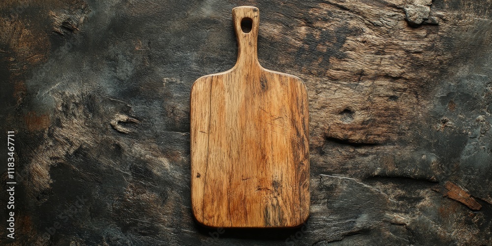 Aufkleber mini wooden cutting board featuring a handle rests on textured bark paper, showcasing a unique blend