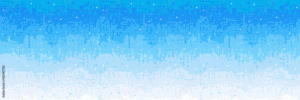 Poster pixel bitmap pattern, white blue gradient shade. vertical pixelated streaks cascade downward. digita