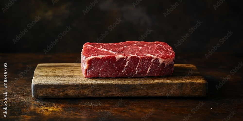 Poster raw steak elegantly displayed on a wooden board against a dark backdrop. this red meat shines on the