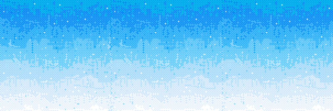 Pixel bitmap pattern, white blue gradient shade. Vertical pixelated streaks cascade downward. Digital rain effect with scattered luminous dots. Cyberpunk game background. Retro 8 bit videogame effect