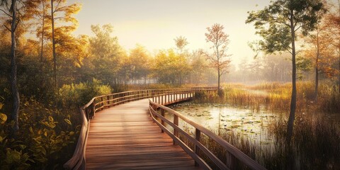 Fototapeta premium Wetland area featuring a serene boardwalk, perfect for exploring nature. Experience the tranquility of the wetland while strolling along the inviting boardwalk in this picturesque park.