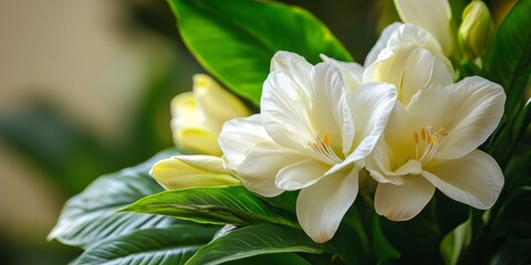 Obraz premium Stunning white flower accompanied by vibrant green leaves, showcasing the beauty of nature through this exquisite white flower arrangement. The white flower enhances any garden or landscape.