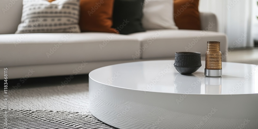 Aufkleber Close up view of a white coffee table in a stylish lounge setting, showcasing the elegance and design of the white coffee table that enhances the ambiance of the space.