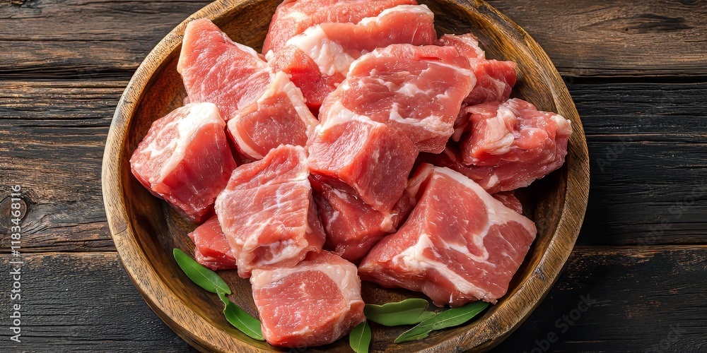 Poster Fresh raw pork pieces displayed in an isolated setting, showcasing the quality and texture of fresh raw pork for culinary uses and recipes featuring fresh raw pork.