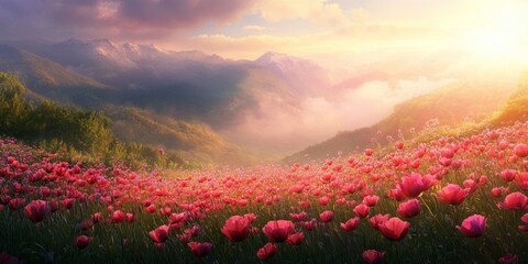 Fototapeta premium The stunning red pink misty purple flowers are blooming beautifully, creating an amazing scenery surrounded by lush green nature and an open sky illuminated by the shining sun.