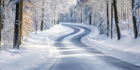 Obraz premium A picturesque road winds through a winter snowbound forest on a bright day, showcasing the serene beauty of the snow covered landscape along the road in this winter wonderland.