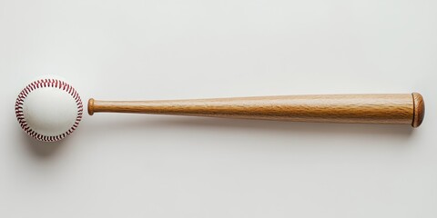 Baseball ball and bat displayed in isolation against a white background. This baseball ball and bat combination is perfect for showcasing the sport of baseball in a clean, simple manner.