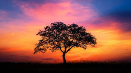 Obraz premium Dramatic tree silhouette standing out against a vibrant gradient sky, showcasing the stunning contrast and beauty of nature s artistry with a dramatic tree as the focal point against the sky.