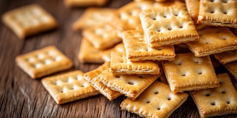 Crackers are arranged on a wooden table, creating striking contrasts in the composition. This image highlights crackers with an emphasis on their textures and colors.