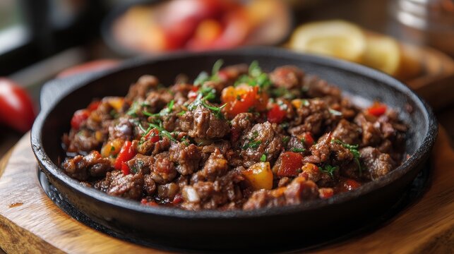 Turkish meat saute features a savory blend of sauteed meat, showcasing the traditional dish known as sac tava and sac kavurma, highlighting the rich flavors of meat saute.