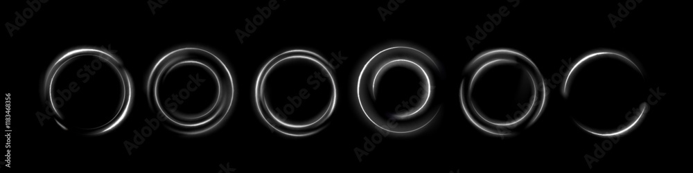 Wall mural neon ring set - glowing white circular frames with varying lined patterns. luminous geometric shapes