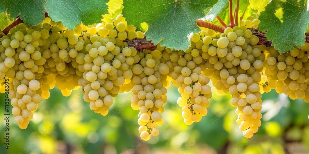 Poster clusters of white grapes dangle from the vines, displaying ripe grapes surrounded by vibrant green l