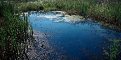 Obraz premium Hydrogen sulfide in stagnant salt marshes causes the water to turn turbid blue when exposed to light. This hydrogen sulfide environment leads to the mass die off of living organisms, including