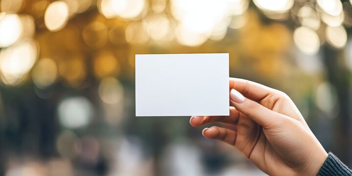 A soft focused backdrop features an empty business card, creating an impression of professionalism while highlighting the card prominently against the blurred setting.