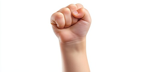 Children s hand making a fist gesture, isolated against a white background. The fist gesture by children conveys strength and determination in a simple yet powerful manner.