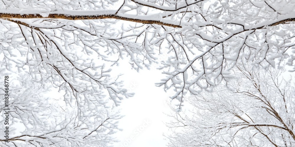Aufkleber snow covered branches of trees set against a bright white sky create a winter wonderland scene. this