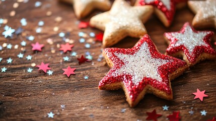 Red and white star-shaped cookies on wooden surface with sprinkles.