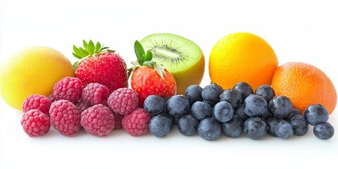 Variety of assorted fruits presented isolated on a white background, showcasing the vibrant colors and textures of assorted fruits, perfect for culinary and health related themes.