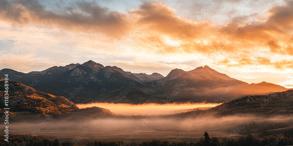 Aufkleber sunrise showcasing cirrocumulus clouds above majestic mountains emerging from a blanket of mist, cre