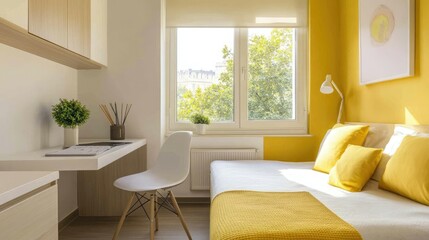 Fototapeta premium Bright bedroom featuring a yellow pillow on a bed, a white desk with a matching white chair, and soft yellow accents. Minimalist and cozy design.