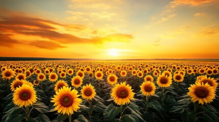 Obraz premium Sunset over a vibrant field of sunflowers creates a stunning scene, highlighting the beauty of sunflowers as they sway gently in the warm evening breeze among the colorful sky.