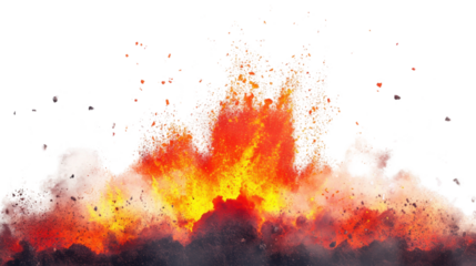 An explosive volcanic eruption with bright red and orange lava shooting into the air, surrounded by ash clouds, set on a clean white background.