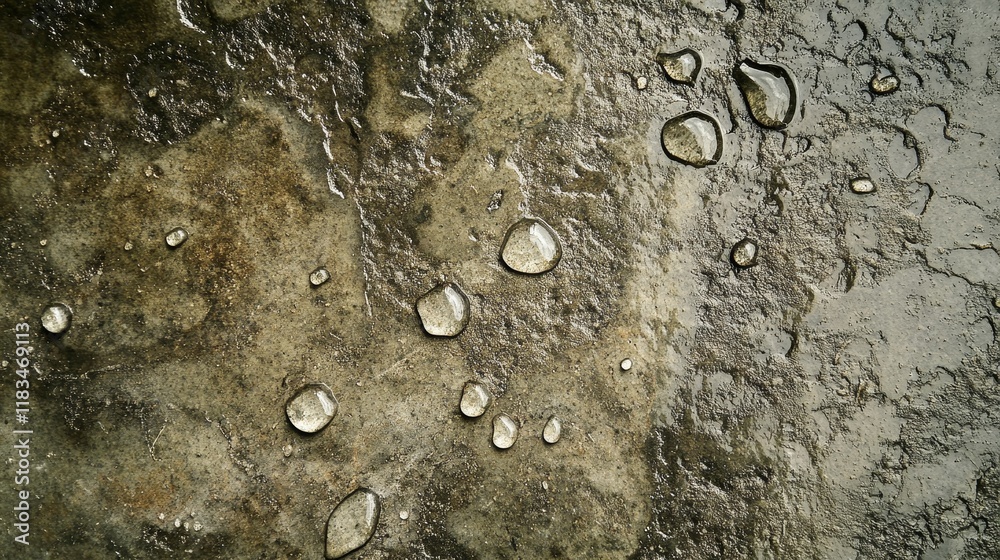 Poster Raindrops create distinct patterns on the concrete floor during rainfall, showcasing the beauty of rain as drops fall and interact with the textured surface of concrete.