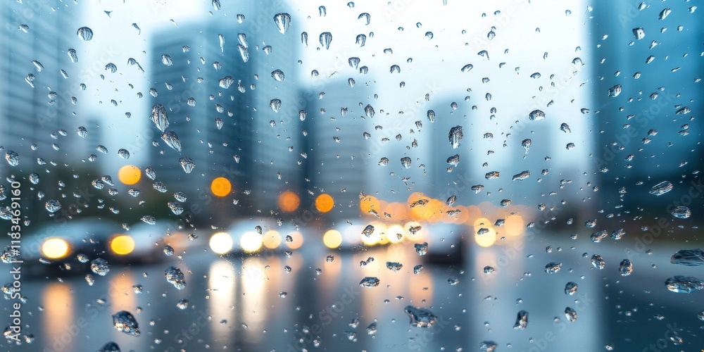 Poster Blurred image showcasing drops of rain on a mirror, featuring buildings and a road in the background. This captivating scene of rain and reflections creates a unique atmosphere.
