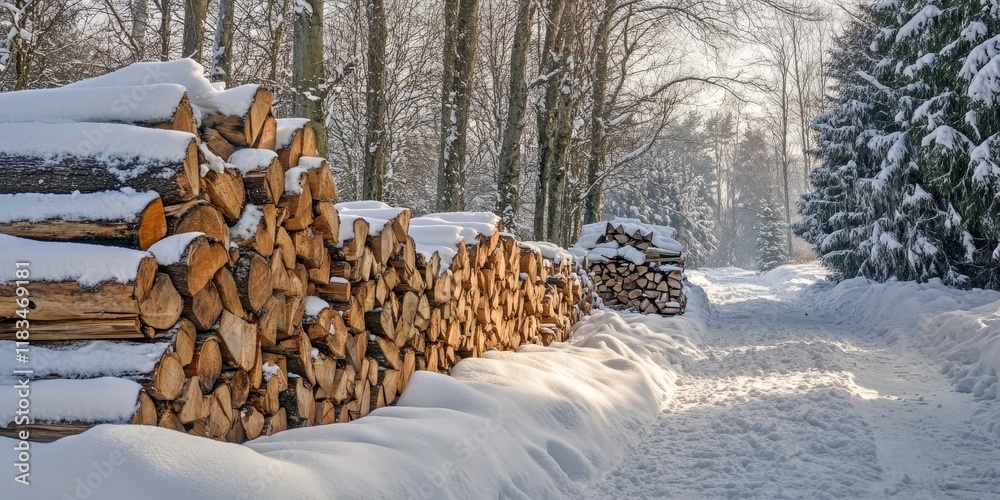 Poster a winter landscape features snow covered ground and neatly stacked firewood, which is intended for u