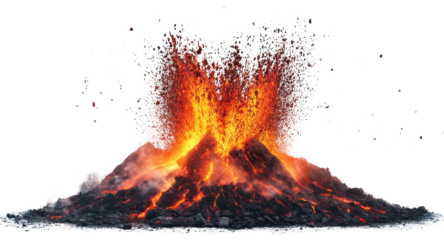 An explosive volcanic eruption with bright red and orange lava shooting into the air, surrounded by ash clouds, set on a clean white background.