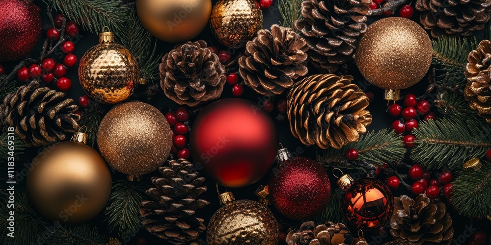 Poster top view of christmas baubles surrounded by golden beads and pine cones, creating a festive arrangem
