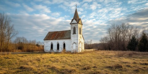 An abandoned, historic Lutheran church chapel nestled in the countryside showcases the beauty of forgotten architecture, capturing the essence of the old Lutheran church s serene charm.