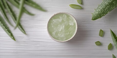 Obraz premium Organic aloe vera gel displayed on a white wooden background, showcasing the natural texture and composition of organic aloe vera gel in an appealing setting. Perfect for healthy skincare.