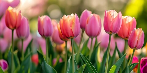 Naklejka premium Tulip flowers in a vibrant garden create a stunning backdrop, perfect for a natural flora wallpaper or as a template for a brochure landing page design featuring tulip beauty.