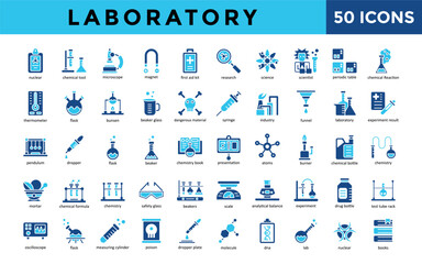 Laboratory icons set with nuclear, chemical tool, microscope, magnet, first aid kit, research, science, scientist, periodic table, chemical reaction icon. Simple flat vector 
