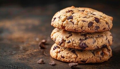 A stack of three freshly baked chocolate chip cookies on a rustic background.