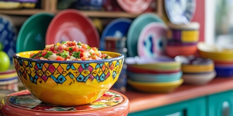 Fototapeta premium A vivid yellow ceramic bowl filled with lively salsa is positioned in front of an open kitchen cabinet adorned with a variety of colorful plates.