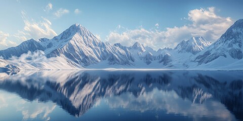 Obraz premium Snowy mountains reflect majestically over the serene lake, creating a stunning landscape where the snowy mountain scenery captivates the eye and enchants nature lovers everywhere.