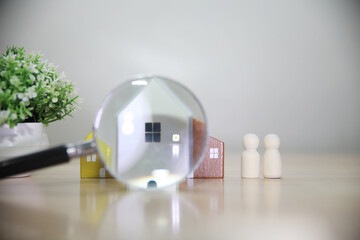 House and happy family members on beige background. Insurance, homeless support, adoption concept....