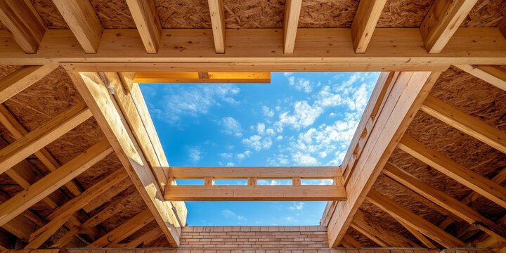 A timber roof truss showcased in a house under construction features walls of autoclaved aerated concrete blocks, an unfinished window opening, and a sturdy reinforced brick lintel under a blue sky.