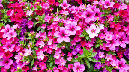 Fototapeta premium Design a lush floral background bursting with vibrant pinks, purples, and greens, featuring a variety of blooming flowers in high definition, creating a lively and inviting atmosphere.