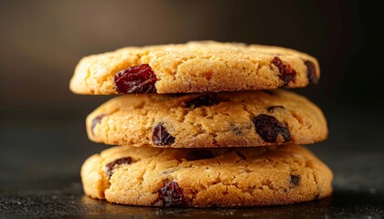 A stack of three homemade cranberry cookies with a blurred background.