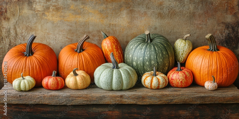Poster assorted pumpkins and squashes arranged on rustic wooden boards create a stunning autumn backdrop, h