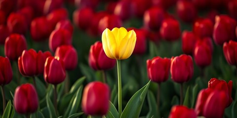 Fototapeta premium Vibrant yellow tulip elegantly stands amidst a cluster of striking red tulips in an outdoor setting, highlighting the beauty of the yellow tulip in nature s colorful display.