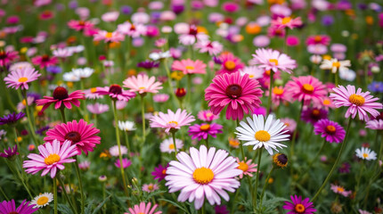 Obraz premium Design a lush floral background bursting with vibrant pinks, purples, and greens, featuring a variety of blooming flowers in high definition, creating a lively and inviting atmosphere.